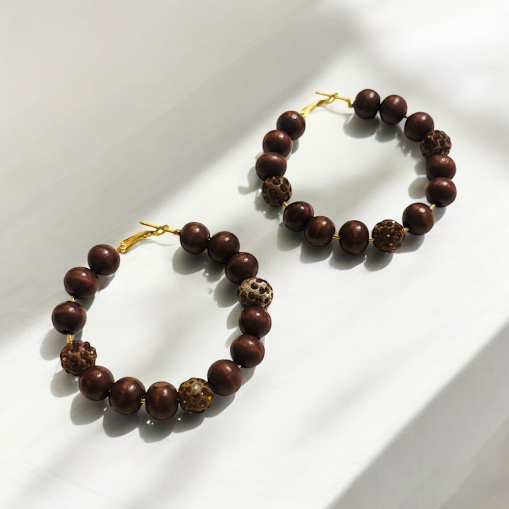Elegant Wooden Beaded Hoop Earrings